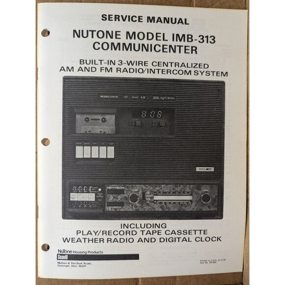 NUTONE SERVICE MANUAL FOR MODEL IMB-313 COMMUNICENTER - Picture 2 of 8